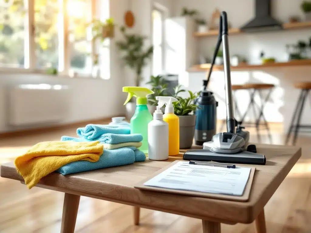 Valoisa, puhdas suomalainen koti, jossa ammattimainen siivousvälineistö puupöydällä. Kiiltävät lattiat, paperit ja ekologiset puhdistustuotteet viestivät laadukkaasta siivouksesta.
