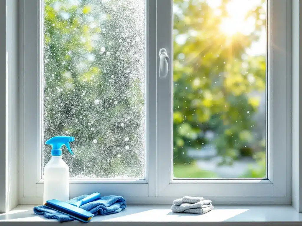 Puoliksi puhdistettu ikkuna kirkkaassa auringonvalossa, toisella puolella saippuavaahtoa, toisella raidaton lasi. Sininen ikkunalasta ja pesuvälineet ikkunalaudalla.