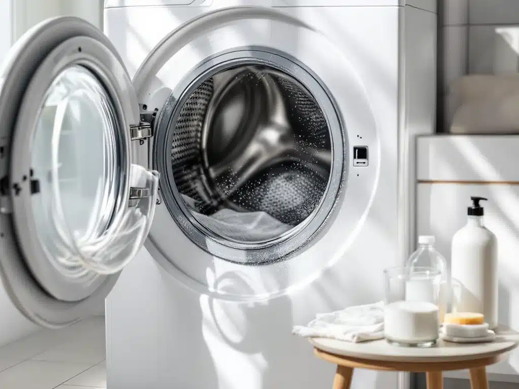 Pyykinpesukoneen rumpu kalkkikertymineen sekä sitruunahappo, etikka ja ruokasooda puhdistusaineina valoisassa kodinhoitohuoneessa.