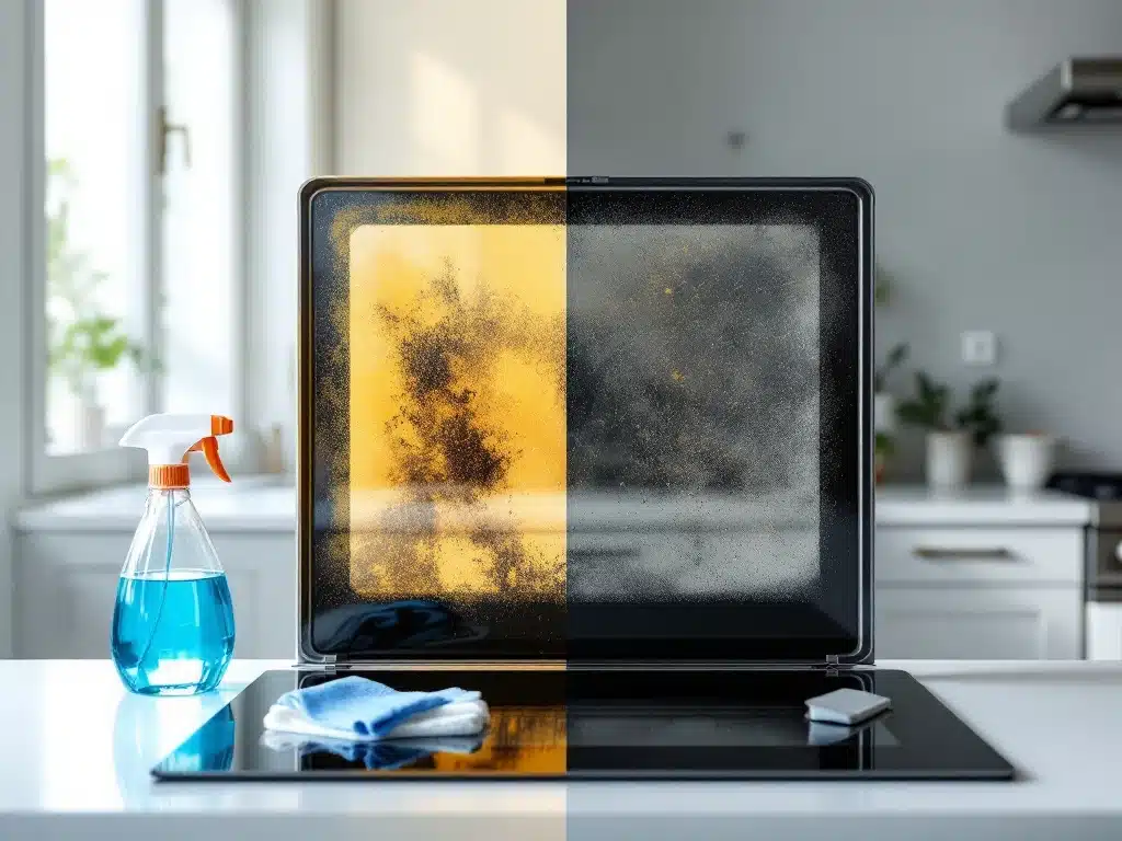 Uuninluukku puoliksi puhdistettuna, selkeä kontrasti kiiltävän ja likaisen lasin välillä. Vieressä ammattimaiset siivoustarvikkeet valkoisella työtasolla modernissa keittiössä.