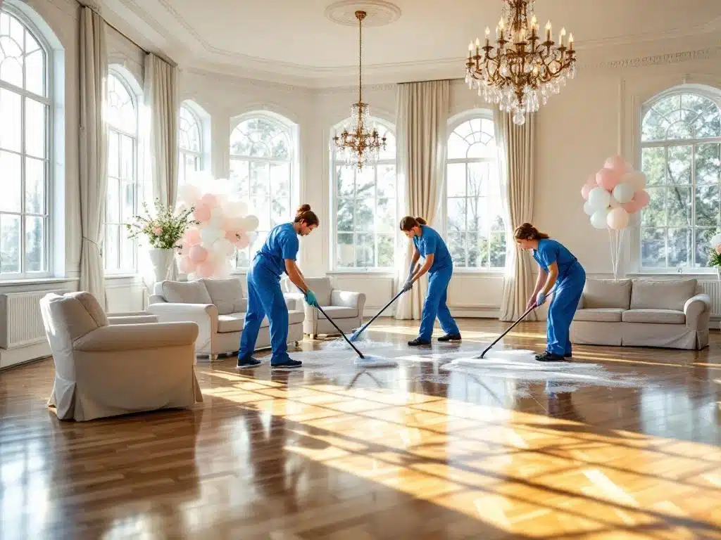 Tasokoti-yrityksen ammattisiivoojat valmistelevat valoisaa juhlatilaa Tampereella, puhdistavat kattokruunuja ja kiillottavat puulattioita. Taustalla juhlakoristeet odottavat.