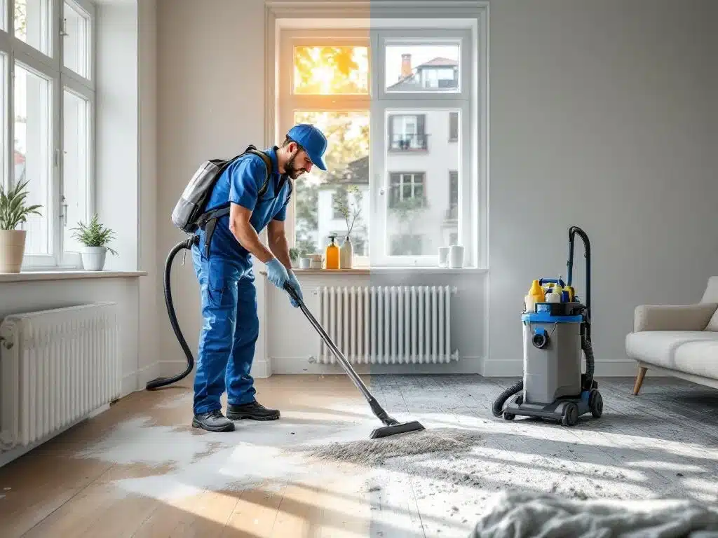 Ammattimainen siivooja puhdistaa rakennuspölyä uusitulta puulattialta valoisassa helsinkiläisasunnossa. Puolet lattiasta jo siivottu, pohjoismaiset ikkunat taustalla.