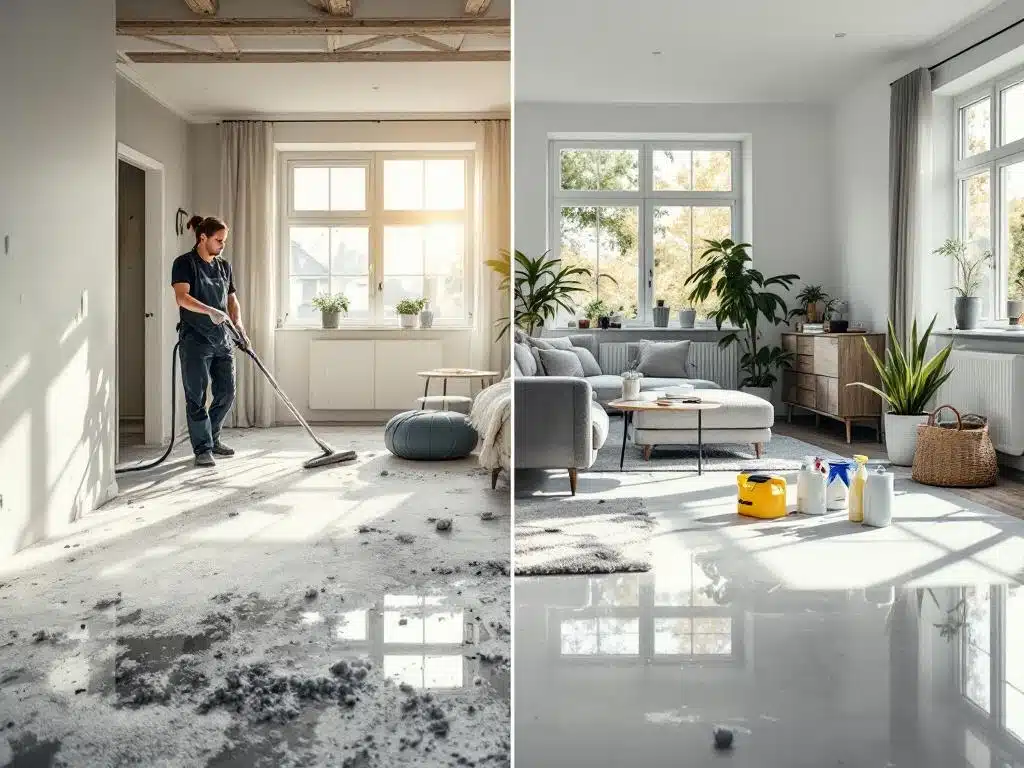 Ammattimaisen siivouksen dramaattinen ero: puoliksi remonttipölyinen, puoliksi kirkas suomalainen asunto, jossa siivooja työskentelee erikoisvälineillä.