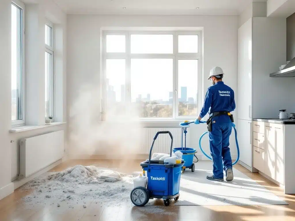 Tasokoti-siivooja puhdistaa remontoitua modernia asuntoa Tampereella, näyttäen selvän eron siivotun ja pölyisen alueen välillä.