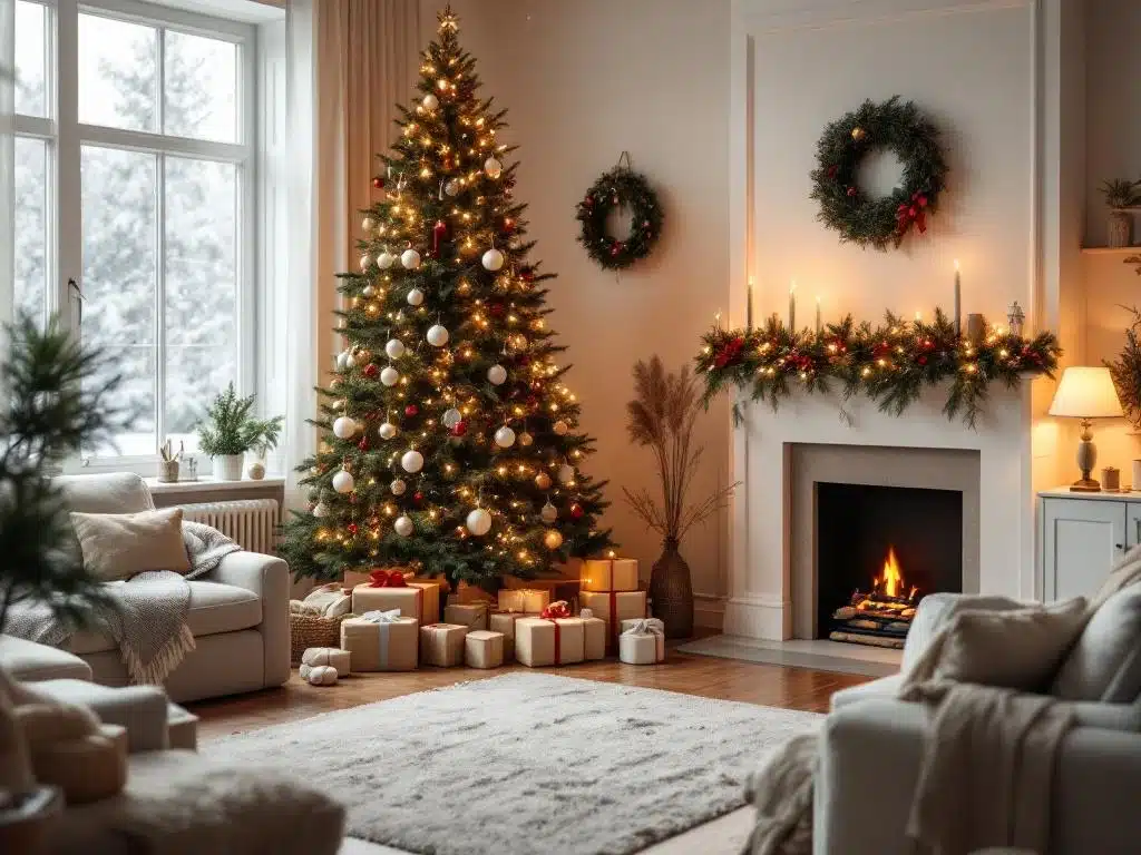Jouluinen suomalainen olohuone: puoliksi siivottu tila, koristeellinen joulukuusi ja ikkunasta näkyvä lumisade luovat kodikkaan tunnelman.