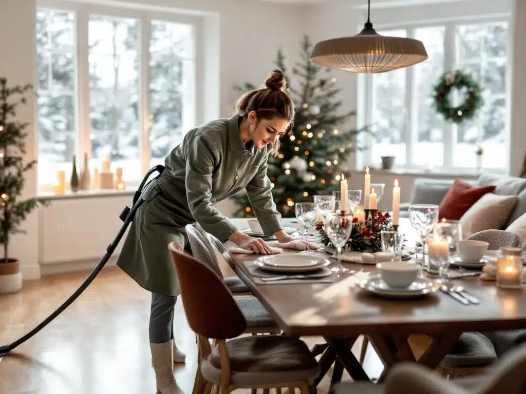 Valoisa suomalainen olohuone juhliin valmisteltavana. Siivooja viimeistelee pöydän kristallilaseja, taustalla puhtaat ikkunat ja lumimaisema.