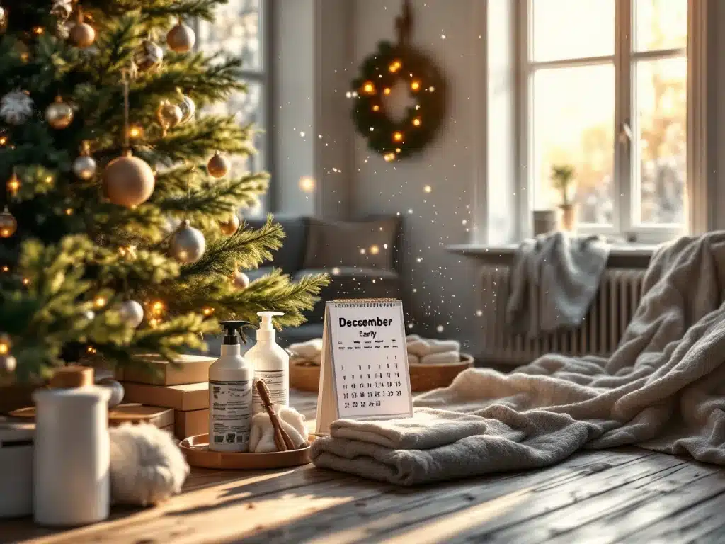Suomalaisen kodin joulusiivoukseen valmistautuminen: luonnonmukaiset siivousvälineet, joulukuinen kalenteri, osittain koristeltu kuusi ja lämmin talvinen valo puulattialla.