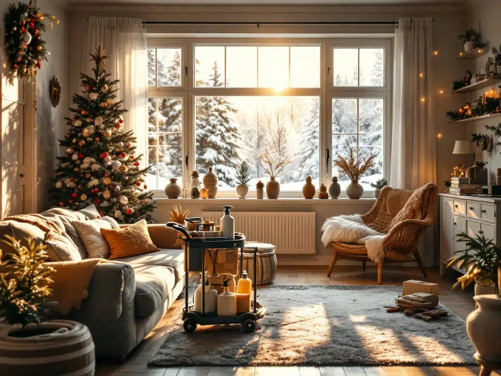 Puoliksi siivottu suomalainen olohuone jouluvalmisteluissa: kiiltävä, koristeltu puoli kontrastina sekaiselle puolelle, ekologiset siivousvälineet ja perinteiset joulukoristeet.