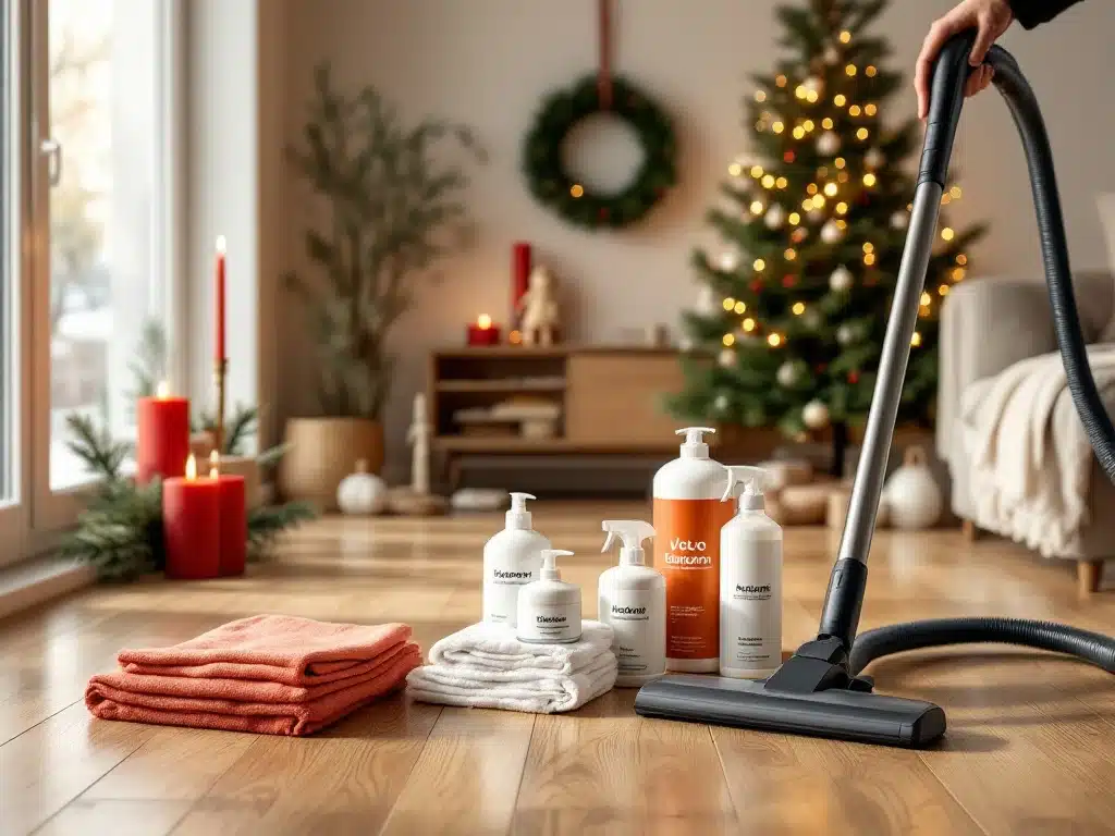 Siisti suomalainen olohuone joulusiivousvalmisteluissa: puulattiat, joulukoristeet odottamassa ja laadukkaat siivoustarvikkeet järjestyksessä luonnonvalossa.