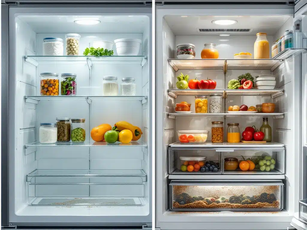 Puhdas ja likainen jääkaappi vierekkäin vertailussa: vasemmalla järjestelmällinen, kiiltävä sisus ja oikealla tahriintunut, likainen sisätila.