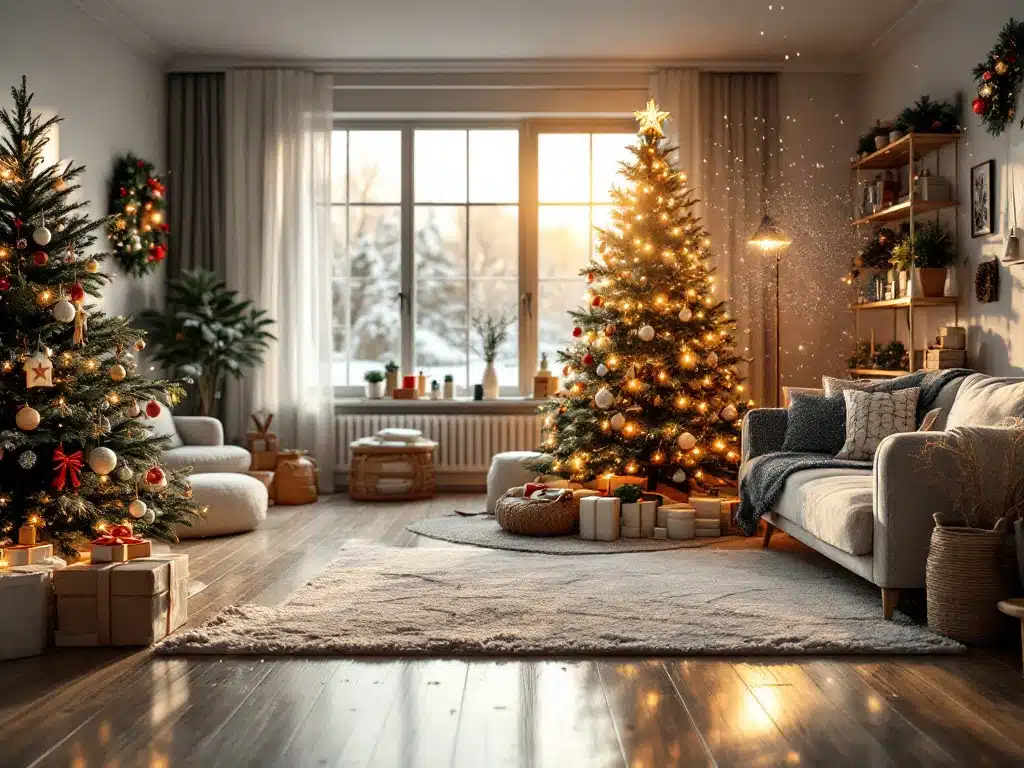 Puoliksi siivottu suomalaiskoti joulukoristeilla: kiiltävä puulattia ja järjestelmällisyys toisella puolella, joulunajan epäjärjestys toisella. Ekoystävälliset siivoustuotteet etualalla.