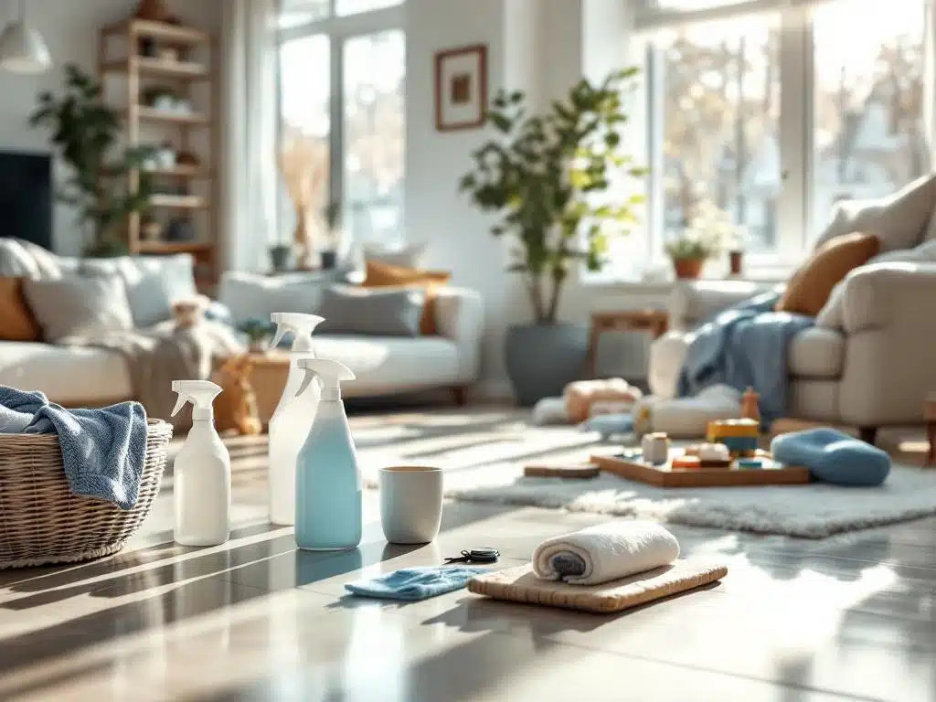 Moderni suomalainen koti puhtailla pinnoilla, järjestetyillä siivousvälineillä ja luonnonvalossa kiiltävillä lattioilla