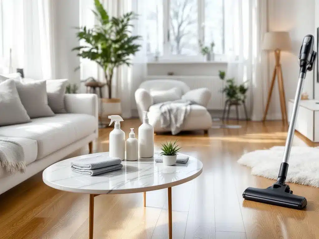 Siisti moderni olohuone Helsingissä kiiltävillä puulattioilla ja ammattimaisilla siivoustarvikkeilla marmoripöydällä